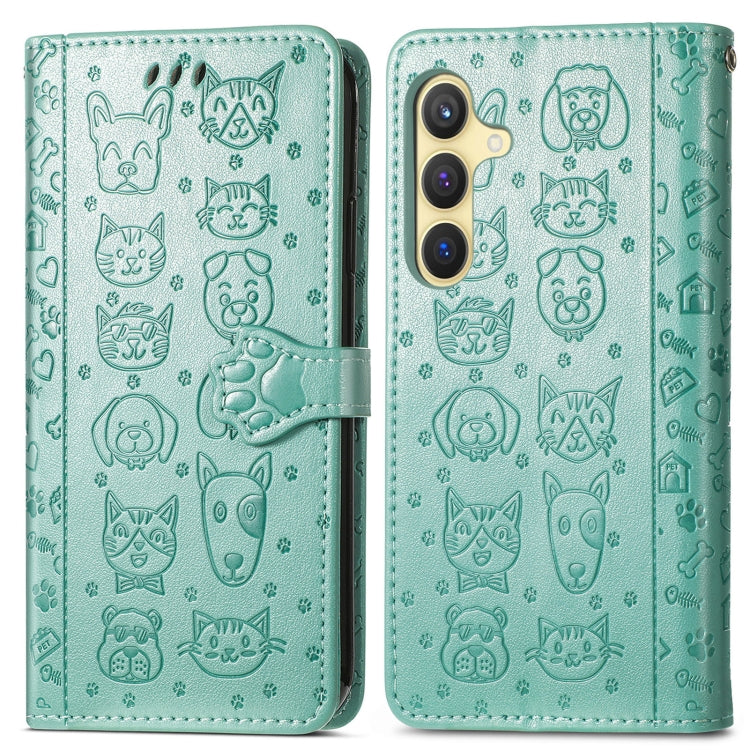For Samsung Galaxy S25 5G Cat and Dog Embossed Leather Phone Case(Green)