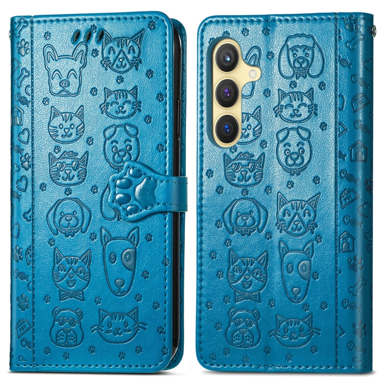 For Samsung Galaxy S25 Ultra 5G Cat and Dog Embossed Leather Phone Case(Blue)