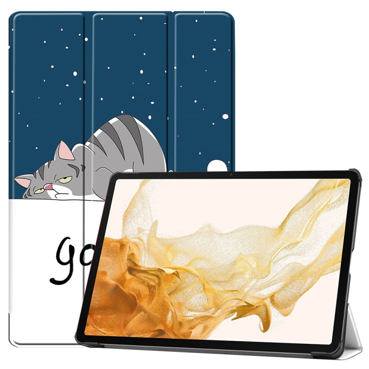 For Samsung Galaxy Tab S9+ JUNSUNMAY Custer Painted 3-Fold Stand Leather Smart Tablet Case(Lazy Cat)