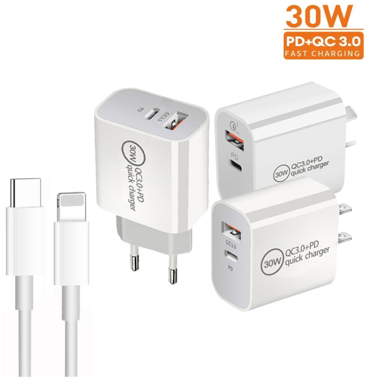 PD30W USB-C / Type-C + QC3.0 USB Dual Port Charger with 1m Type-C to 8 Pin Data Cable, EU Plug
