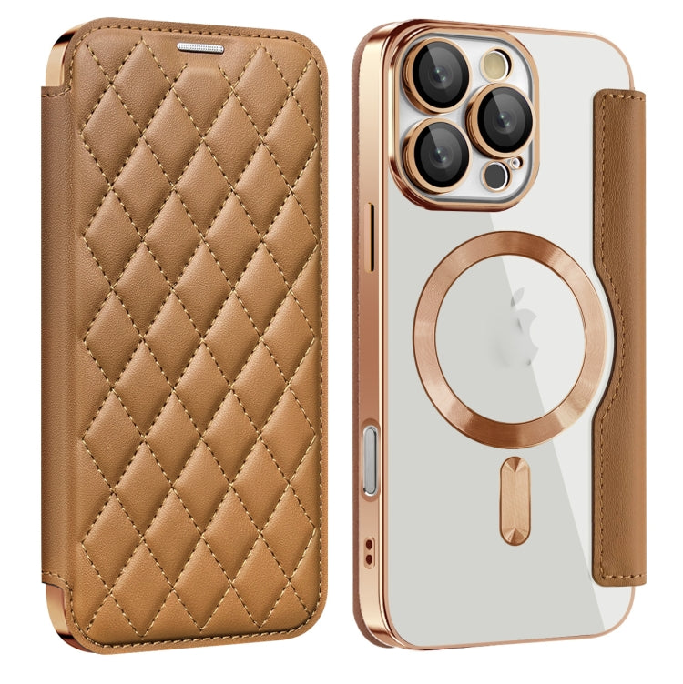 For iPhone 16 Pro Shield Magsafe RFID Anti-theft Rhombus Leather Phone Case(Brown)