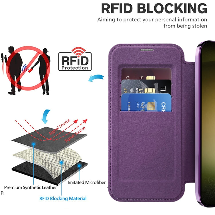For Samsung Galaxy S23 Ultra 5G Shield Magsafe RFID Anti-theft Rhombus Leather Phone Case(Purple)