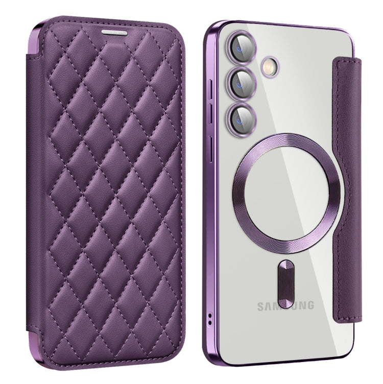 For Samsung Galaxy S25+ 5G Shield MagSafe RFID Anti-theft Rhombus Leather Phone Case(Purple)