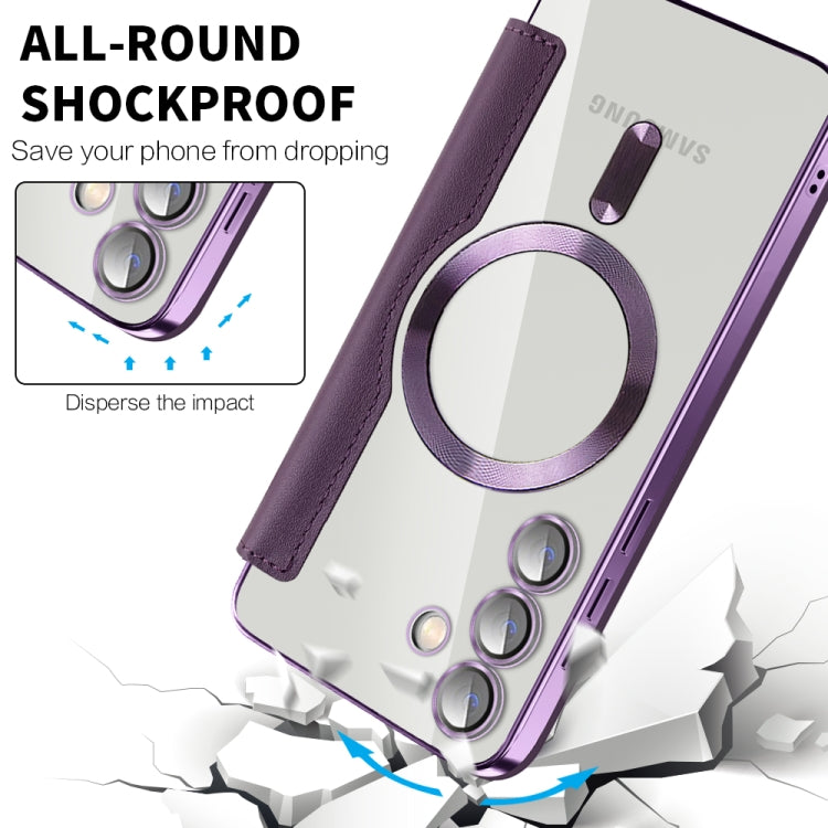 For Samsung Galaxy S25+ 5G Shield MagSafe RFID Anti-theft Rhombus Leather Phone Case(Purple)