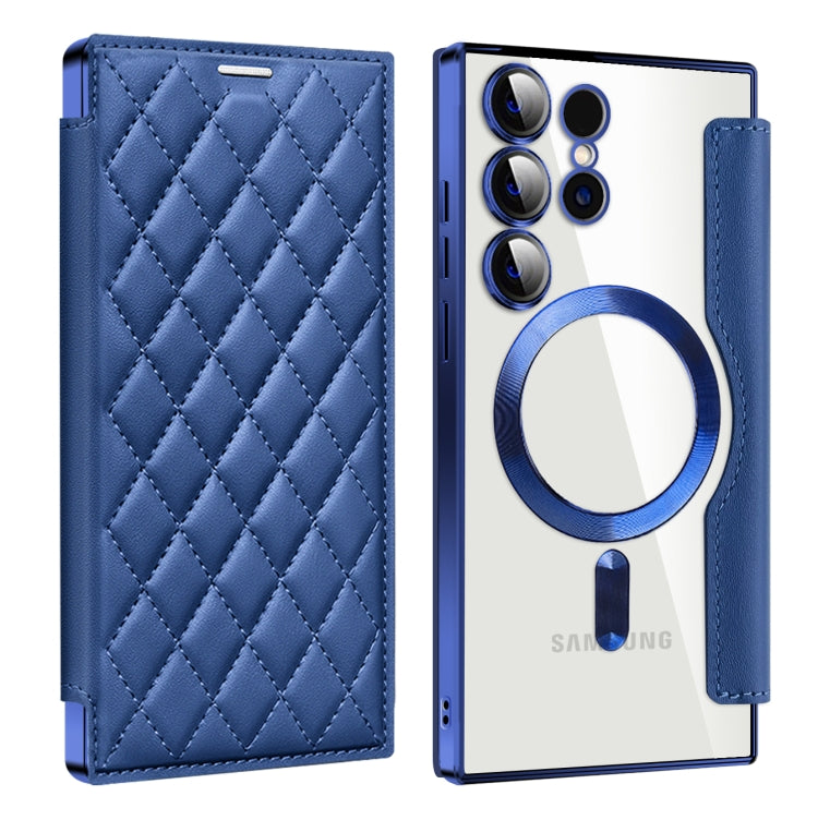 For Samsung Galaxy S25 Ultra 5G Shield MagSafe RFID Anti-theft Rhombus Leather Phone Case(Dark Blue)