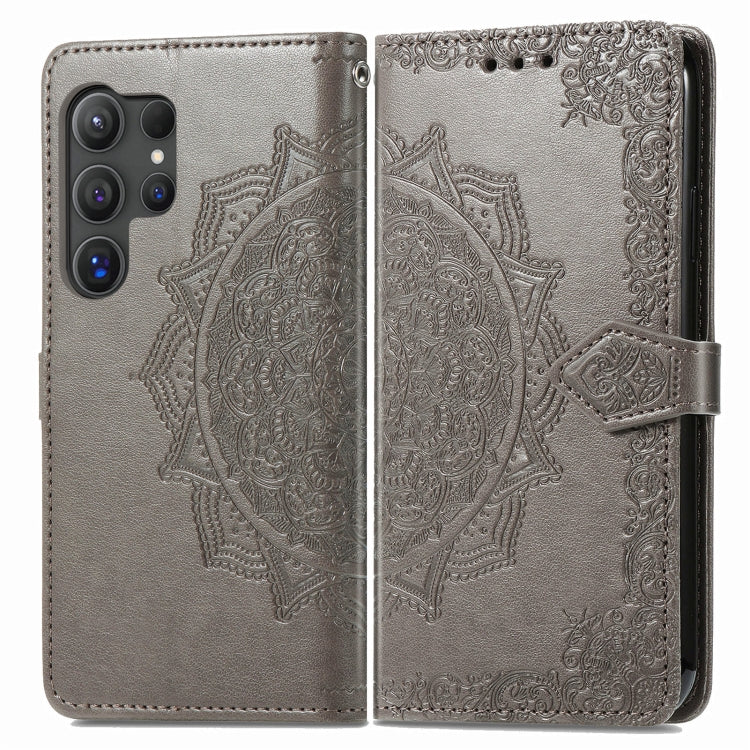 For Samsung Galaxy S25 Ultra 5G Mandala Flower Embossed Leather Phone Case(Gray)