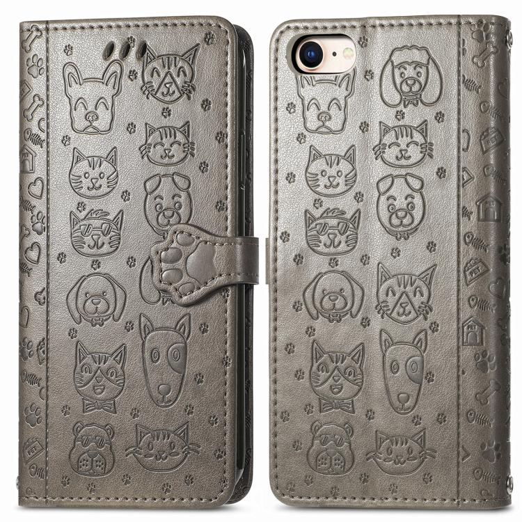 For iPhone 16e Cat and Dog Embossed Leather Phone Case(Gray)