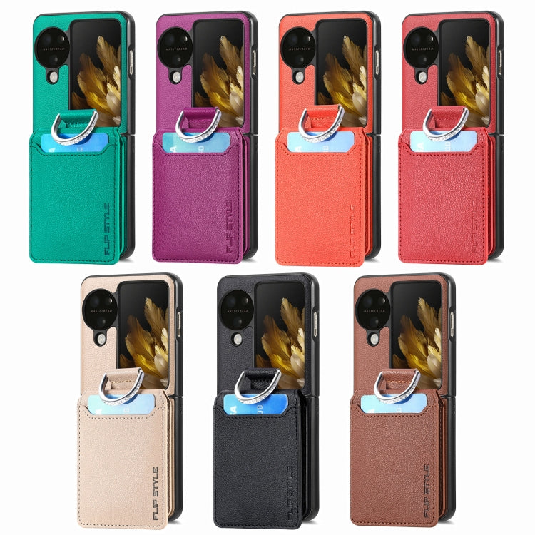 For OPPO Find N3 Flip Litchi PU Ring Holder Wallet Phone Case(Khaki) - Find N3 Flip Cases by PMC TechLife | Online Shopping South Africa | PMC TechLife