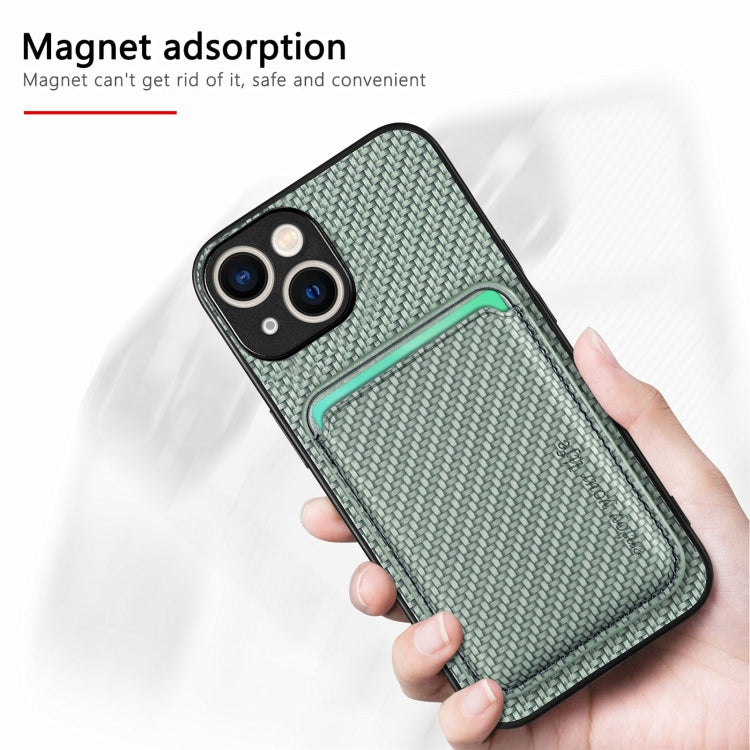 For iPhone 15 Carbon Fiber Leather Card Magsafe Phone Case(Green)