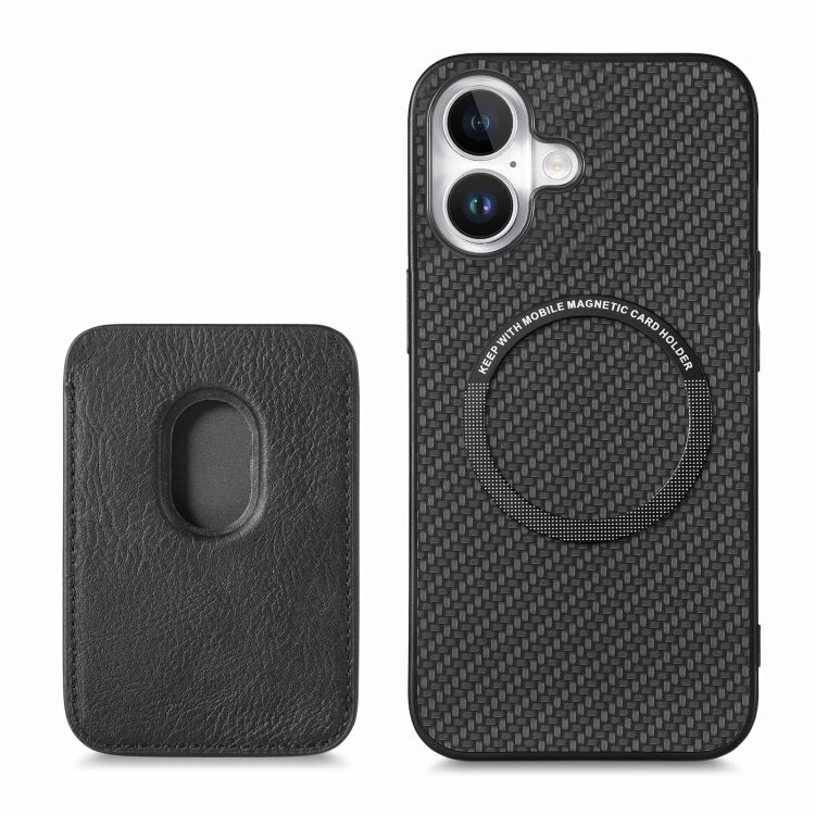 For iPhone 16 Carbon Fiber Leather Card Magsafe Phone Case(Black)