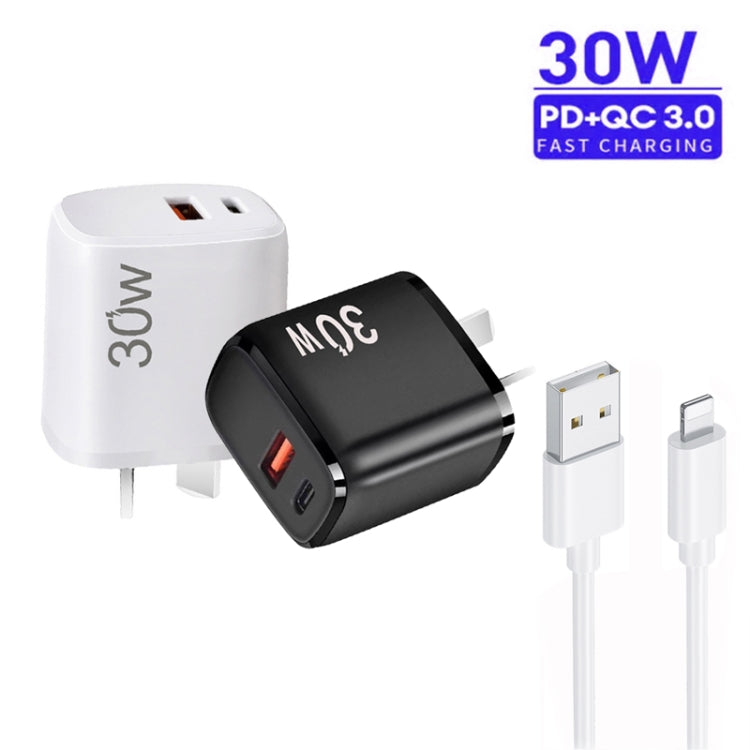 PD30W USB-C / Type-C + QC3.0 USB Charger with 1m USB to 8 Pin Data Cable, AU Plug(Black)