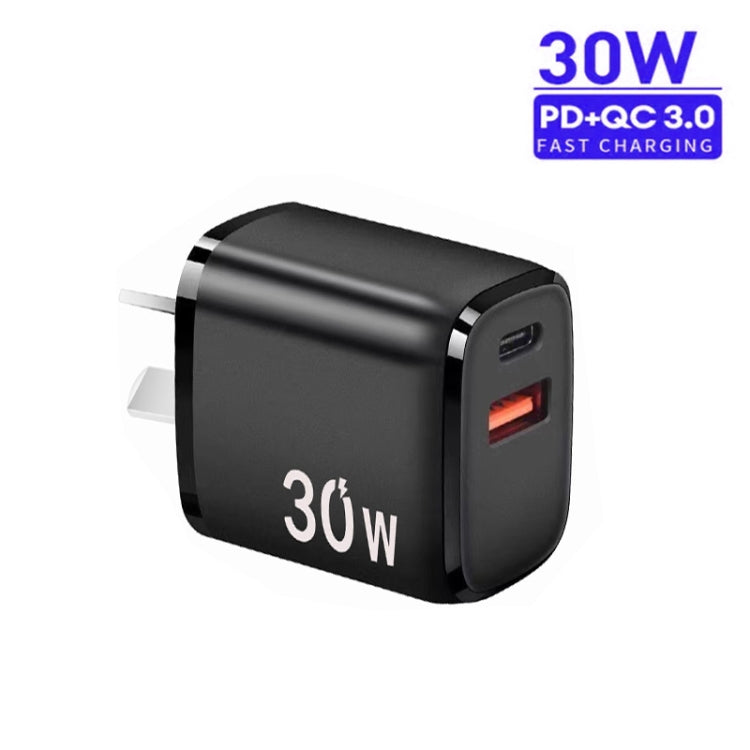 PD30W USB-C / Type-C + QC3.0 USB Charger with 1m USB to Type-C Data Cable, AU Plug(Black)