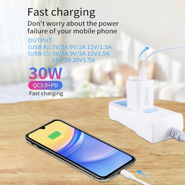 PD30W USB-C / Type-C + QC3.0 USB Charger with 1m USB to Type-C Data Cable, AU Plug(Black)