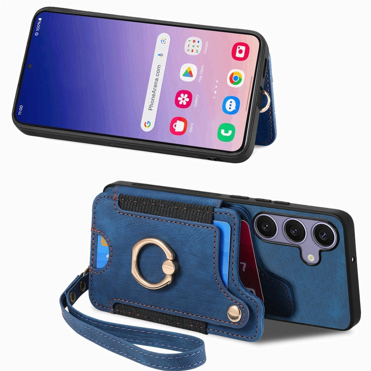 For Samsung Galaxy S25 5G Retro Skin-feel Ring Multi-card Wallet Phone Case(Blue)