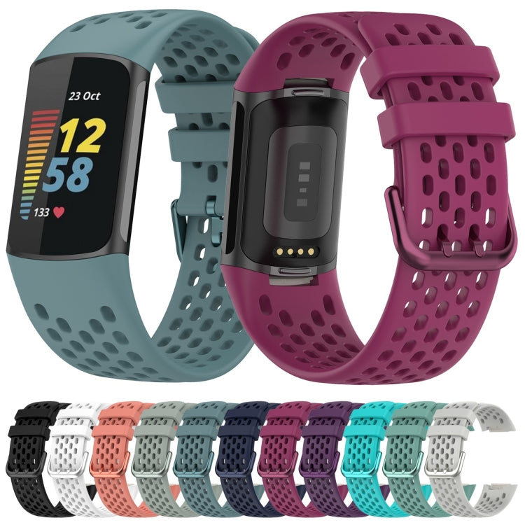 For Fitbit Charge 5 Solid Color Breathable Sports Silicone Watch Band(Black)