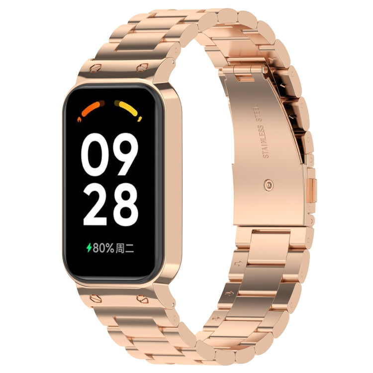 For Xiaomi Smart Band 8 Active Three Bead Stainless Steel Watch Band + Watch Metal Frame(Rose Gold)