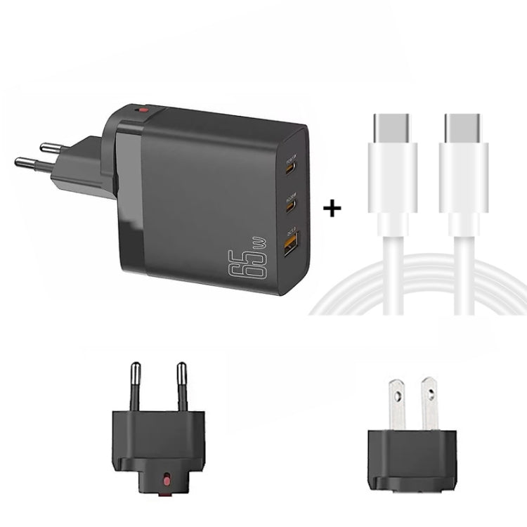 GAN 65W PD45W Dual Type-C / QC3.0 USB Multi Compatible Charger + 2m USB-C to USB-C Data Cable EU + US Plug Black