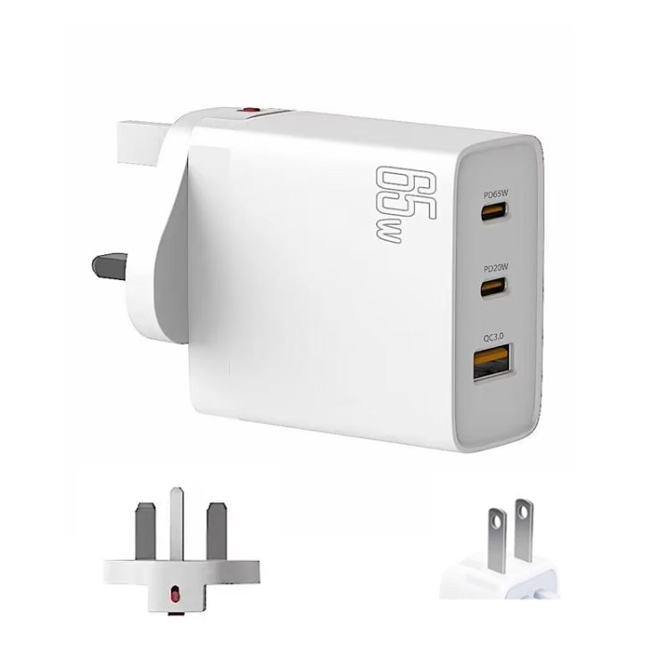 GAN 65W PD45W Dual Type-C / QC3.0 USB Multi Compatible Charger + 2m USB-C to USB-C Data Cable UK + US Plug White
