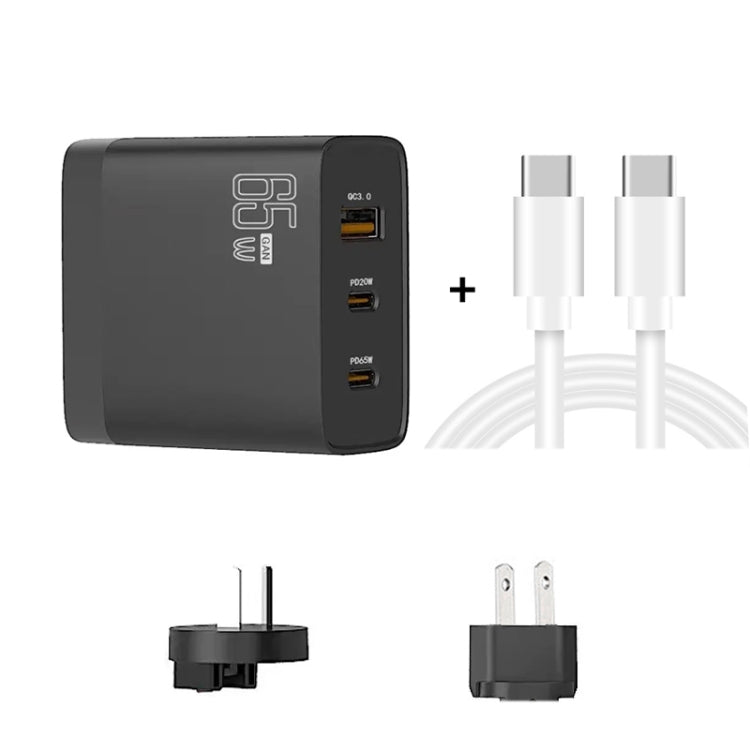 GAN 65W PD45W Dual Type-C / QC3.0 USB Multi Compatible Charger + 2m USB-C to USB-C Data Cable AU + US Plug Black