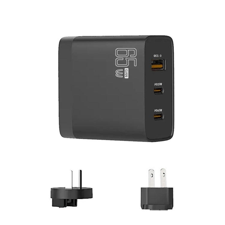 GAN 65W PD45W Dual Type-C / QC3.0 USB Multi Compatible Charger + 2m USB-C to USB-C Data Cable AU + US Plug Black