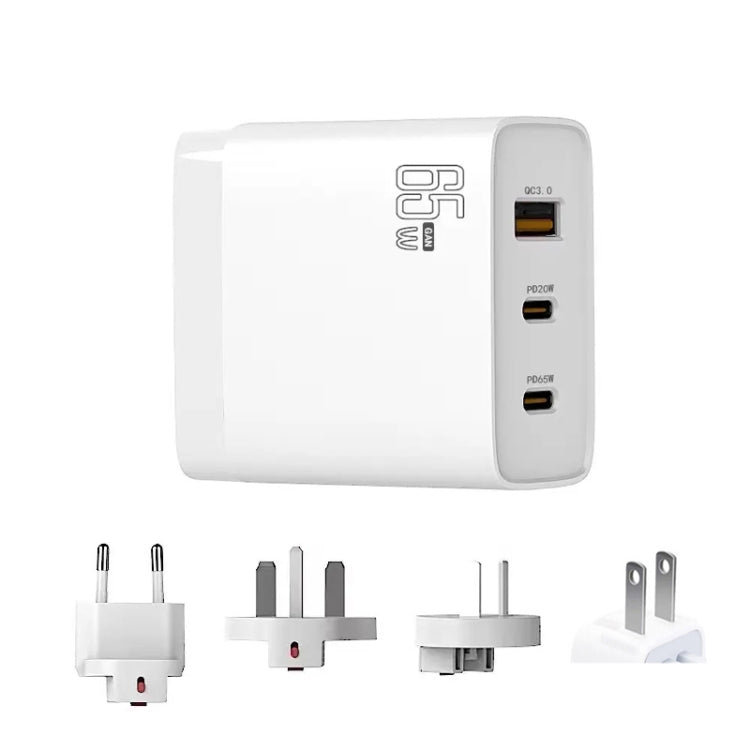 GAN 65W PD45W Dual Type-C / QC3.0 USB Multi Compatible Charger + 2m USB-C to USB-C Data Cable EU + UK + AU + US Plug White