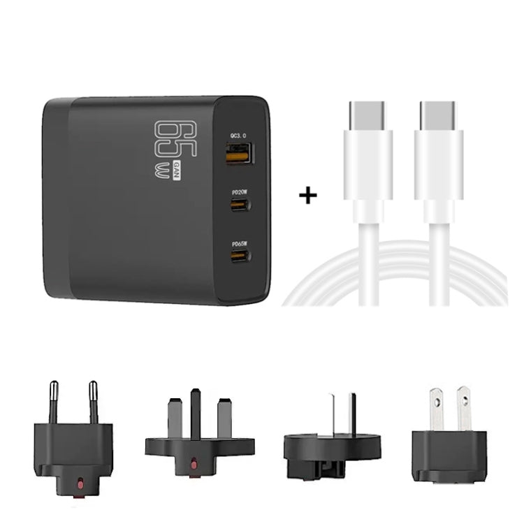 GAN 65W PD45W Dual Type-C / QC3.0 USB Multi Compatible Charger + 2m USB-C to USB-C Data Cable EU + UK + AU +US Plug Black