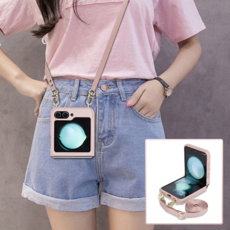 For Samsung Galaxy Z Flip5 5G Crossbody R20 Texture Leather Magsafe Phone Case(Pink)