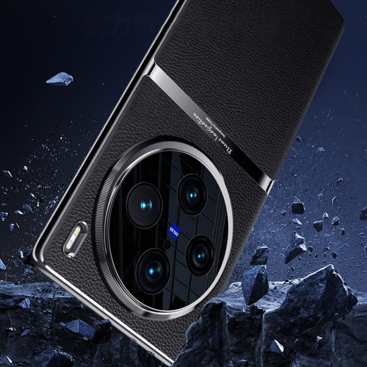 For vivo X100 Electroplating Plain-leather All-inclusive Shockproof Phone Case(Black)