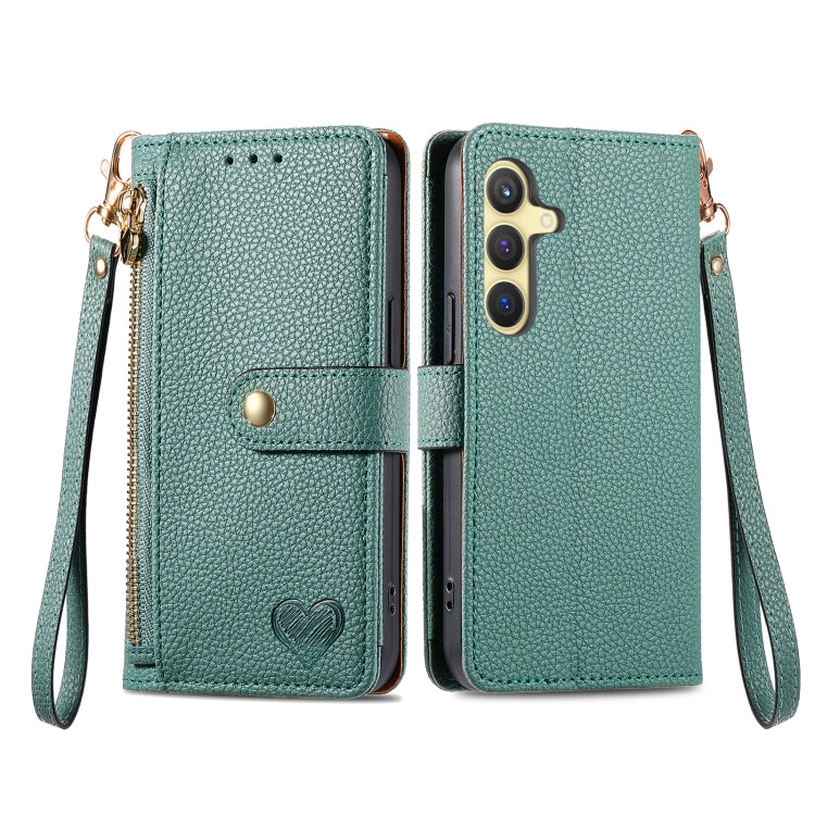 For Samsung Galaxy S24 5G Love Zipper Lanyard Leather Phone Case(Green)
