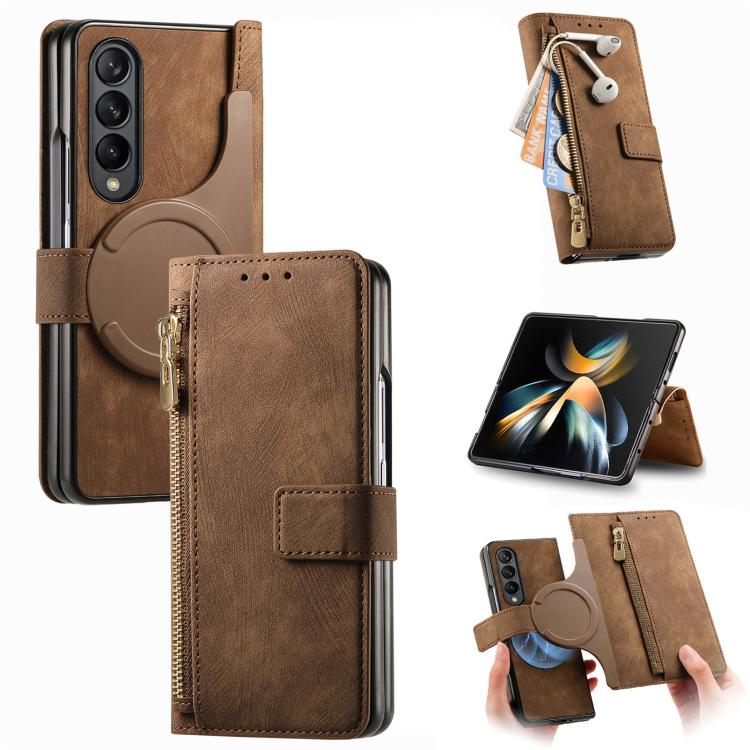 For Samsung Galaxy Z Fold4 Retro MagSafe Magnetic Zipper Wallet Leather Phone Case(Brown)