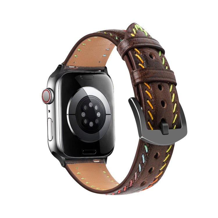 For Apple Watch SE 2023 44mm Colorful Sewing Thread Leather Watch Band(Dark Brown)