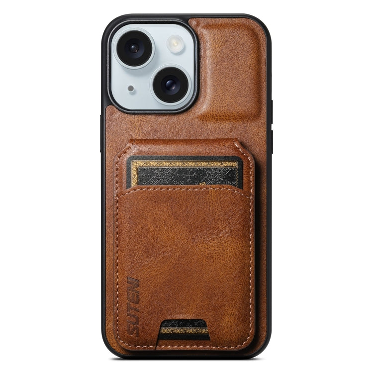For iPhone 15 Suteni H02 Leather Wallet Stand Back Phone Case(Brown)