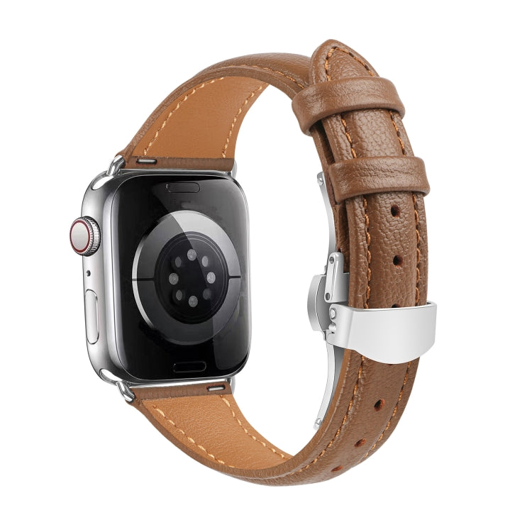 For Apple Watch SE 2023 44mm Plain Leather Butterfly Buckle Watch Band(Dark Brown+Silver)