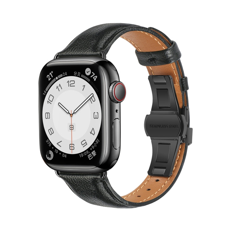 For Apple Watch Series 3 38mm Plain Leather Butterfly Buckle Watch Band(Black+Black)