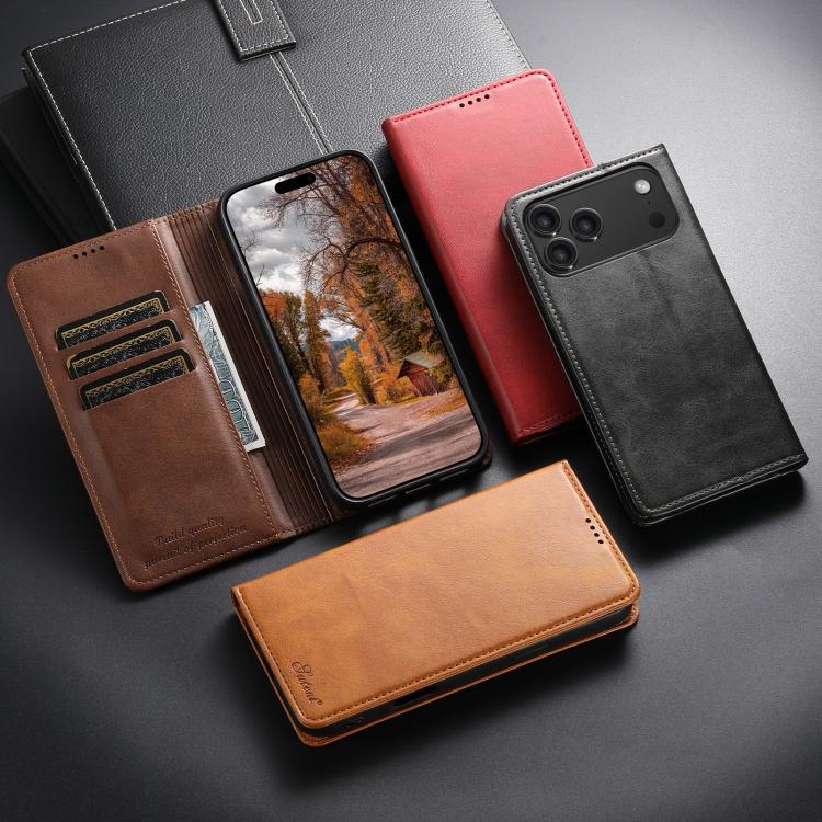 For iPhone 16 Suteni Calf Texture Horizontal Flip Leather Phone Case(Brown) - free shipping - PMC Jewellery - Order now!