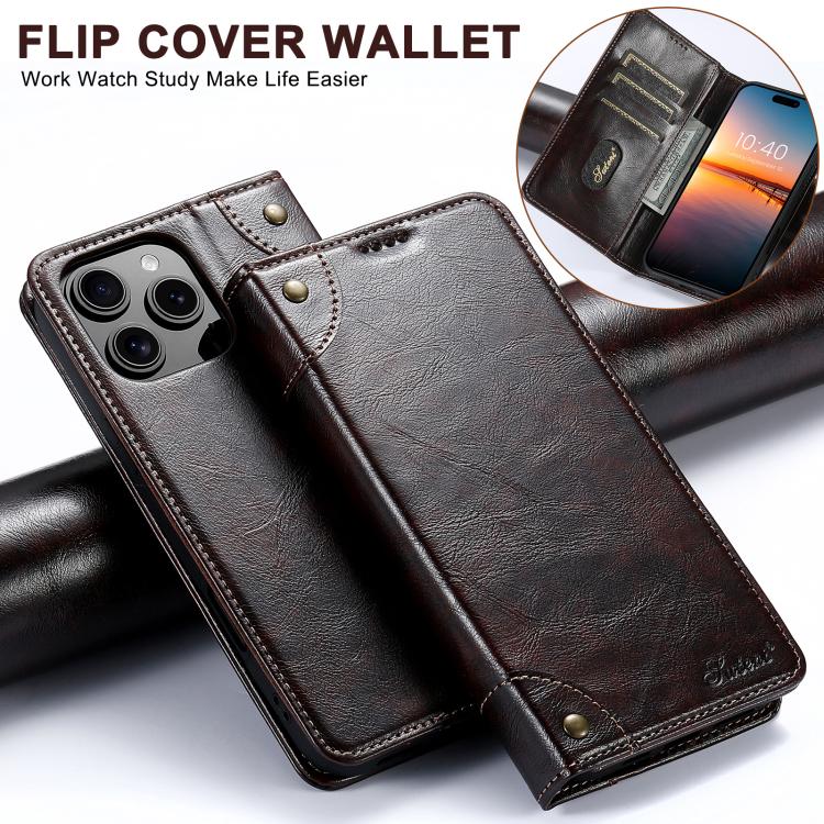 For iPhone 16e Suteni Baroque Calf Texture Buckle Wallet Leather Phone Case(Brown) - free shipping - PMC Jewellery - Order now!