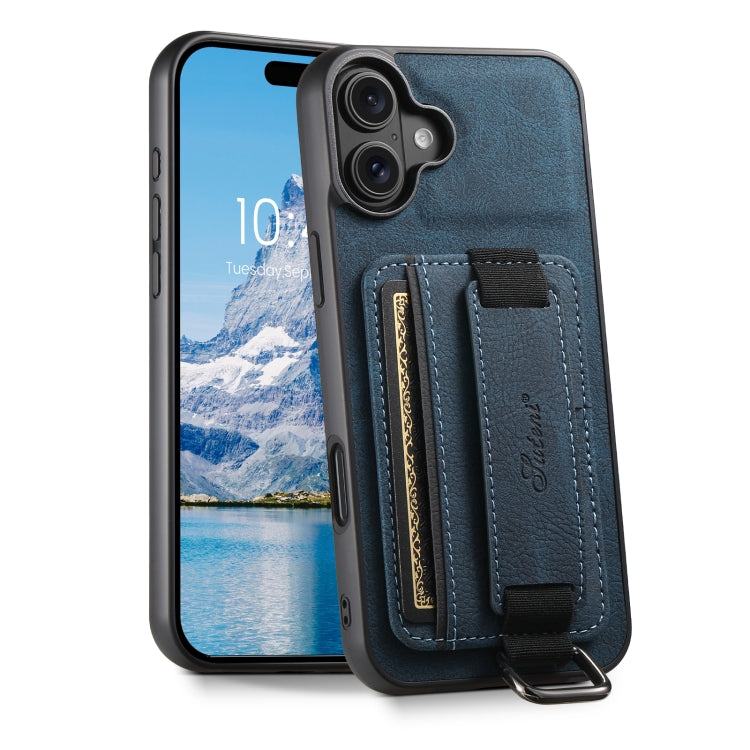 For iPhone 16 Suteni H13 Litchi Leather Wrist Strap Wallet Back Phone Case(Blue)
