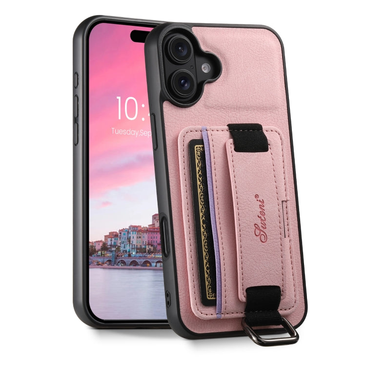 For iPhone 16 Suteni H13 Litchi Leather Wrist Strap Wallet Back Phone Case(Pink)
