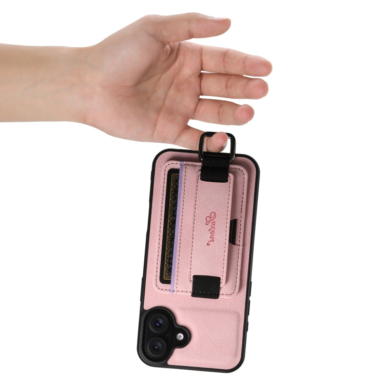 For iPhone 16 Suteni H13 Litchi Leather Wrist Strap Wallet Back Phone Case(Pink)