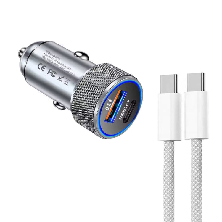 P19 Metal PD20W USB-C + QC18W USB Car Charger with USB-C to USB-C Date Cable for iPhone 15 series(Silver Gray)