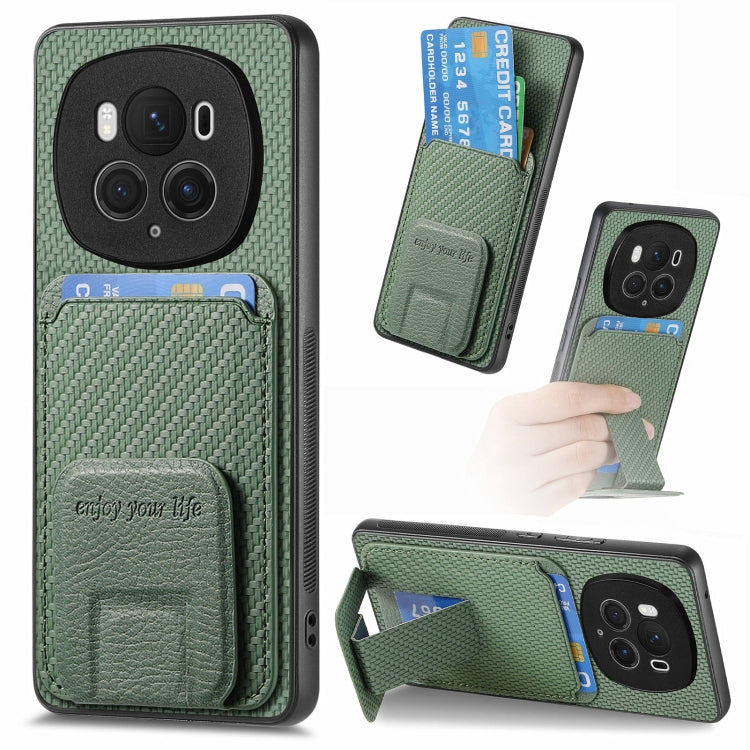 For Honor Magic6 Pro Carbon Fiber Card Bag Fold Stand Phone Case(Green)