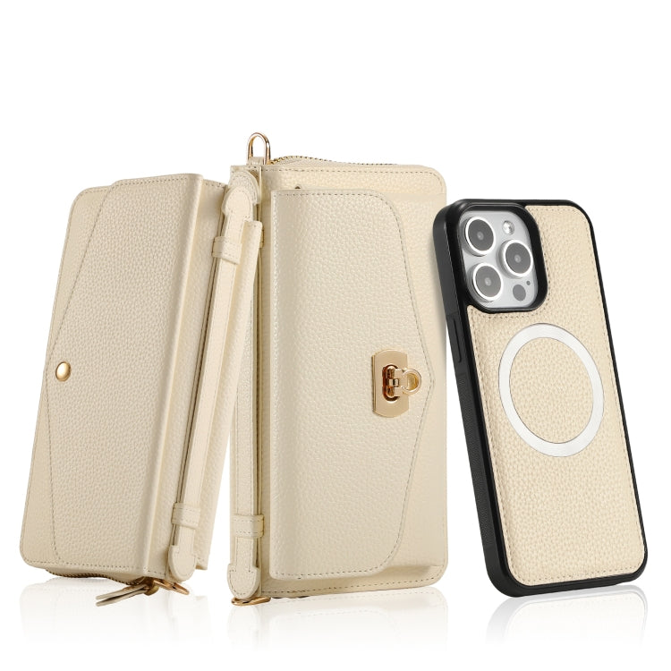 For iPhone 15 Pro Max MagSafe Crossbody Multi-functional Zipper Wallet Litchi Leather Phone Case(White)