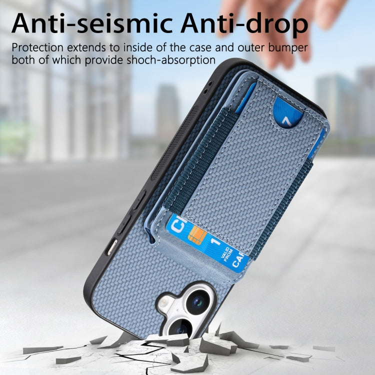 For iPhone 16 Carbon Fiber Vertical Flip Wallet Stand Phone Case(Blue)