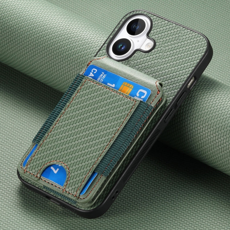 For iPhone 16 Carbon Fiber Vertical Flip Wallet Stand Phone Case(Green)