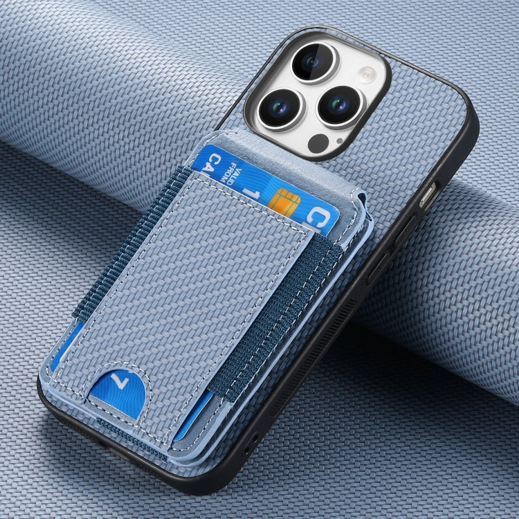 For iPhone 16 Pro Carbon Fiber Vertical Flip Wallet Stand Phone Case(Blue)