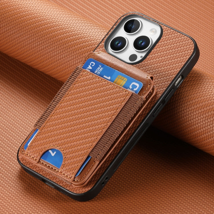 For iPhone 16 Pro Carbon Fiber Vertical Flip Wallet Stand Phone Case(Brown)