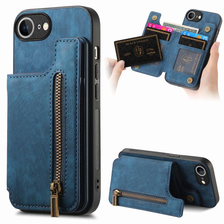 For iPhone 16e Retro Leather Zipper Wallet Back Phone Case(Blue)