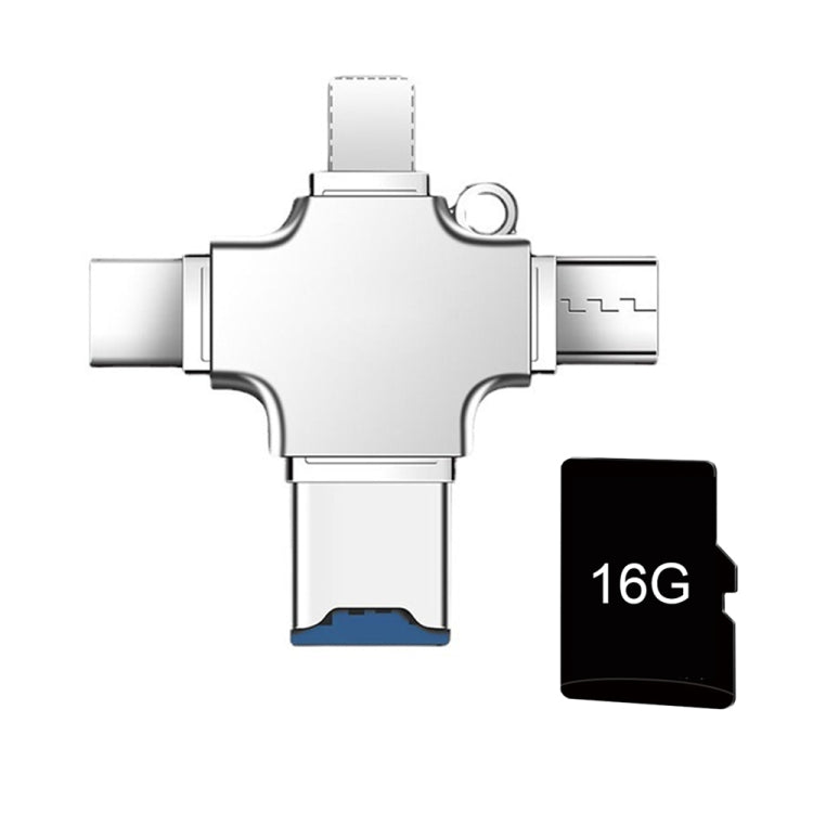 4 in 1 USB-C / Type-C USB 2.0 + Micro USB + 8 Pin Adapter TF Card Reader, Memory Card:16GB(Sliver)