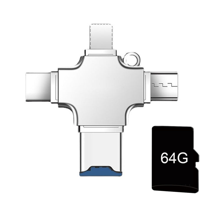 4 in 1 USB-C / Type-C USB 2.0 + Micro USB + 8 Pin Adapter TF Card Reader, Memory Card:64GB(Sliver)
