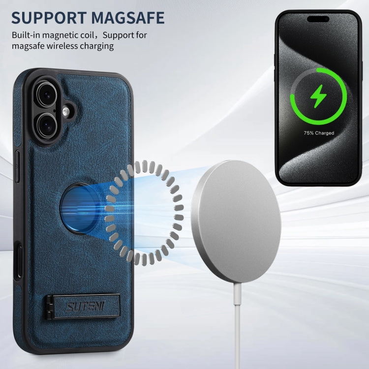 For iPhone 16 Suteni G2 Magsafe Litchi Texture Leather Back Phone Case with Holder(Blue)